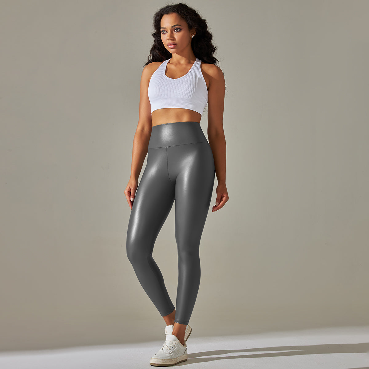 Faux Leather Cargo Power Leggings - Gray